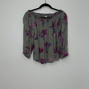 Arizona Womens Top Size M Green Floral Off Shoulder Pleated Flowy Boho Blouse